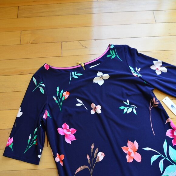 Eliza J Navy Floral Sheath Midi Dress Elbow Sleeve Crew Neck Size 14 NWT - Picture 2 of 13